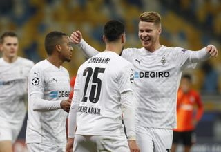 Borussia Monchengladbach players celebrate a goal against Shakhtar Donetsk in the Champions League in Kyiv in November 2020.