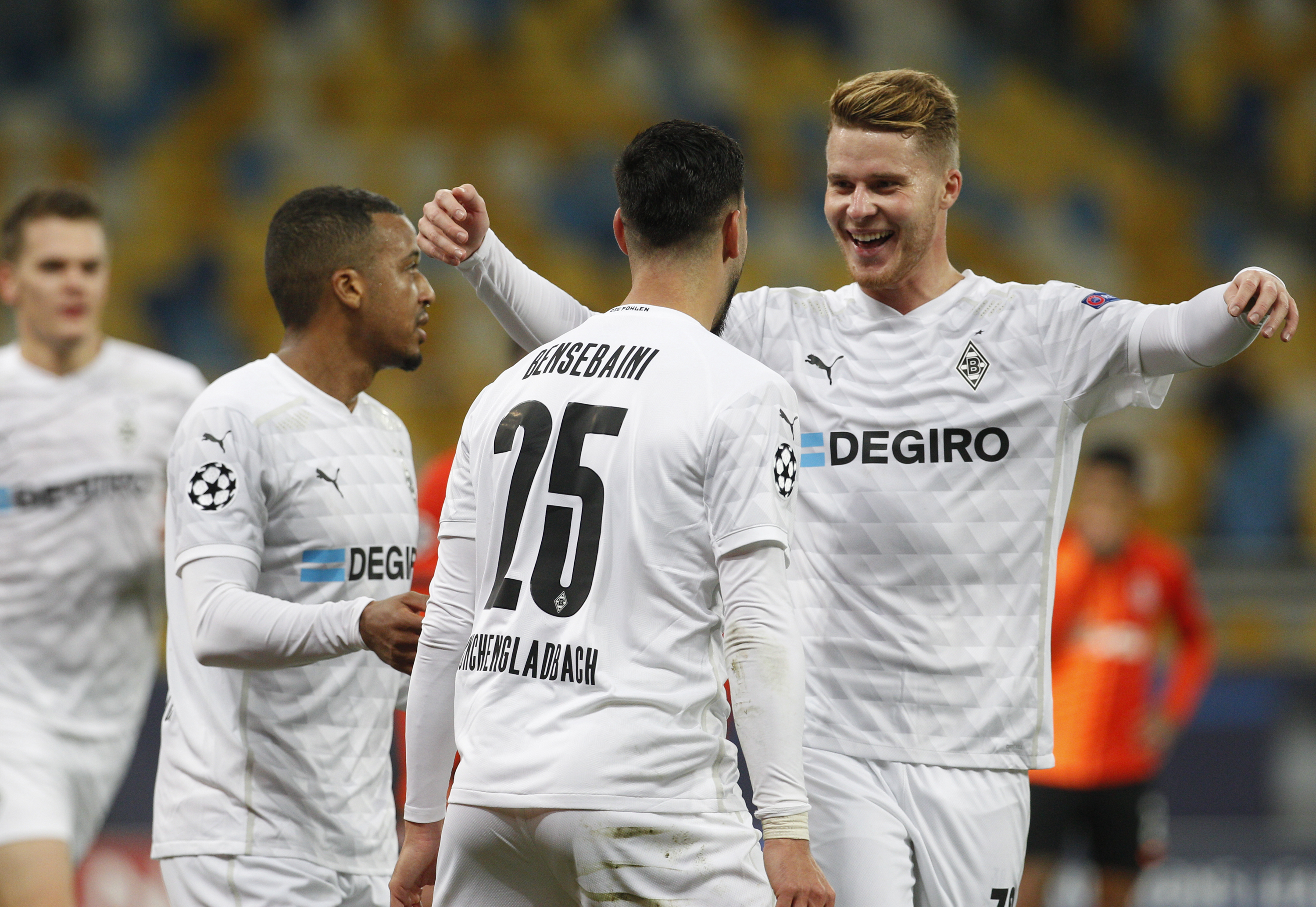 Borussia Monchengladbach players celebrate a goal against Shakhtar Donetsk in the Champions League in Kyiv in November 2020.