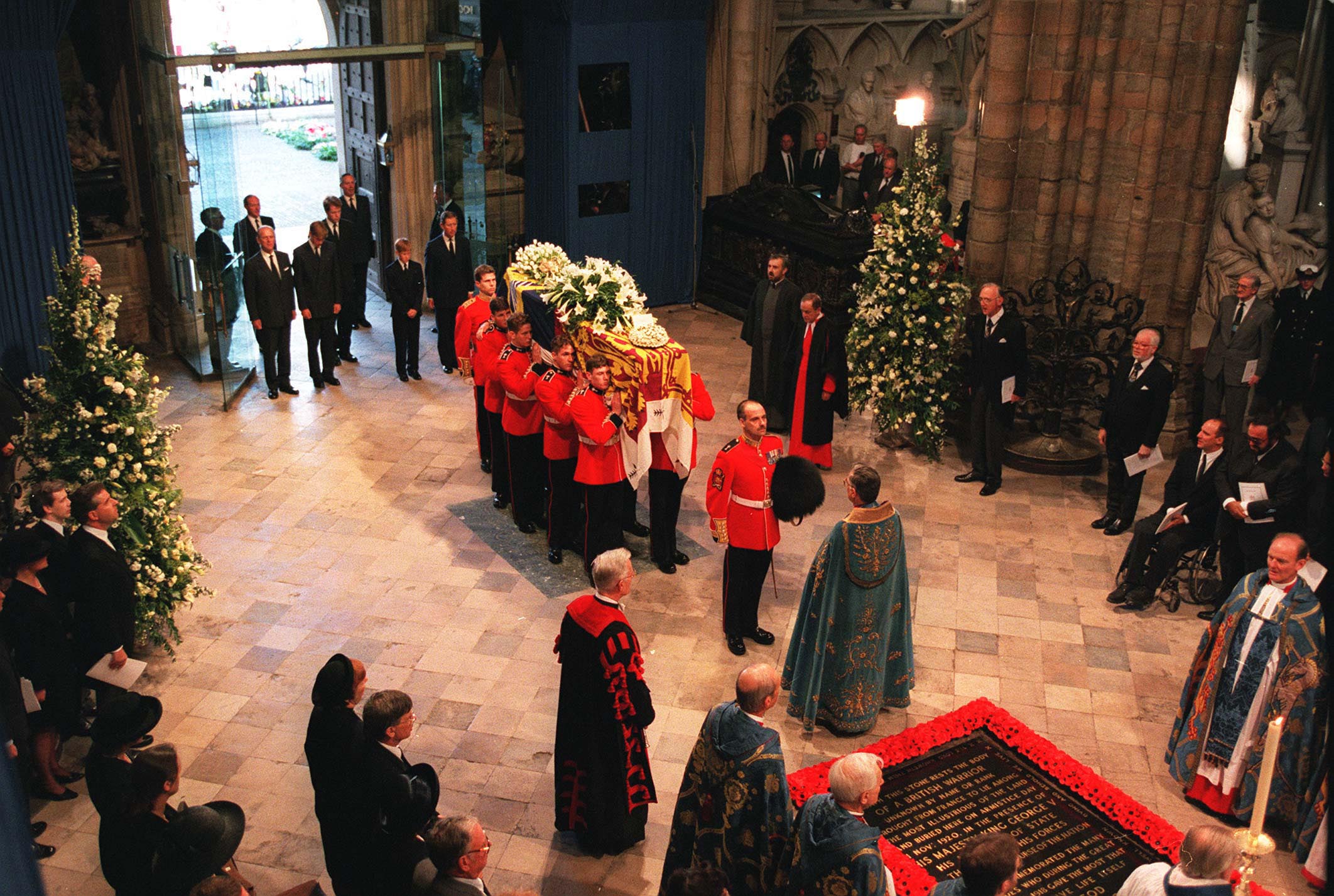 Princess Diana's coffin being carried inside Westminster Abbey at her funeral