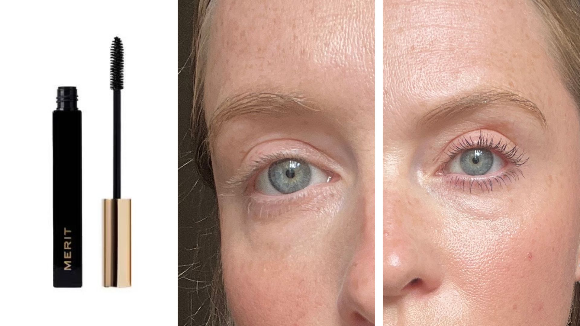 Annie Milroy&#039;s lashes before and after wearing Merit Beauty Clean Lash, next to a product shot