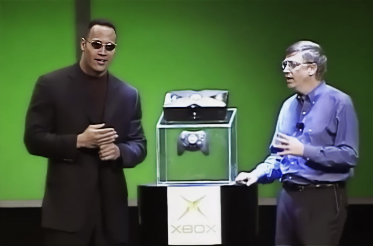 The Rock and Bill Gates reveal the Xbox console in 2001