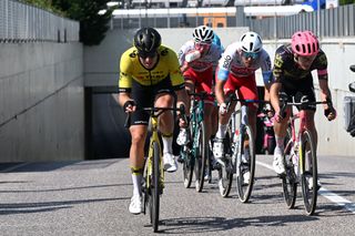 PADOVA ITALY MAY 23 LR Edoardo Affini of Italy and Team Visma Lease a Bike Mirco Maestri of Italy and Team Polti Kometa and Mikkel Frolich Honore of Denmark and Team EF Education EasyPost compete in the breakaway during the 107th Giro dItalia 2024 Stage 18 a 178km stage from Fiera di primiero to Padova UCIWT on May 23 2024 in Padova Italy Photo by Tim de WaeleGetty Images