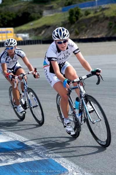 Rushlee Buchanan (Colavita) leads Meredith Miller (Tibco) up the hill after the turnaround.