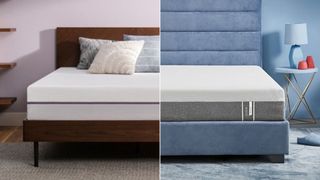 The image shows the Purple Original mattress on the left and the Tempur-Pedic Tempur-Cloud in a side by side comparison 