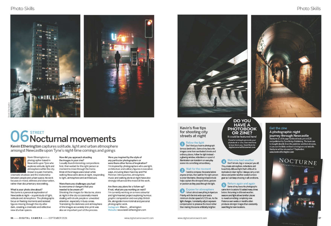 Image showing a project in the Photo Skills section in issue 311 (September 2026) of Digital Camera magazine: photographer Kevin Etherington discusses his photo zine Nocturne.