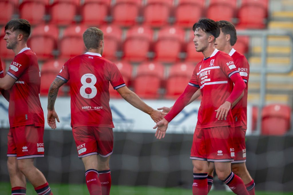 Middlesbrough&#039;s Alex Gilbert celebrates with his team mates after scoring his teams second goal during the Pre-season Friendly match between Rotherham United and Middlesbrough at the New York Stadium, Rotherham on Wednesday 19th July 2023.