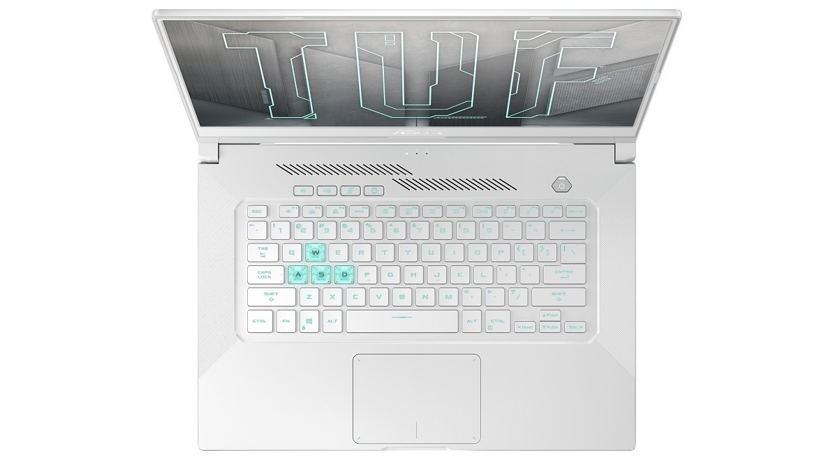 Image of the Asus TUF Dash F15 from above with the WASD keys on the keyboard colored in blue