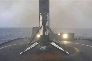The first stage of a SpaceX Falcon 9 rocket lands on the droneship "Just Read the Instructions" stationed in the Atlantic Ocean on Sunday, March 10, 2024.