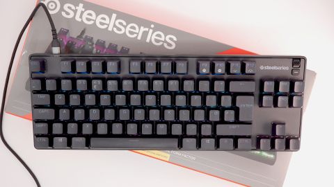 SteelSeries Apex 9 TKL gaming keyboard pictured on its box.