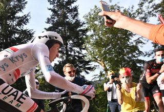 Team UAE Emirates rider Slovenias Tadej Pogacar wearing the best youngs white jersey rides during the 20th stage of the 107th edition of the Tour de France cycling race a time trial of 36 km between Lure and La Planche des Belles Filles on September 19 2020 Photo by AnneChristine POUJOULAT AFP Photo by ANNECHRISTINE POUJOULATAFP via Getty Images