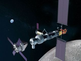 In this illustration, NASA's Orion spacecraft (left) approaches the Gateway in lunar orbit.