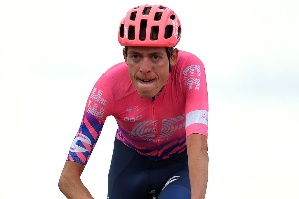 ALTODELANGLIRU SPAIN NOVEMBER 01 Arrival Hugh Carthy of The United Kingdom and Team EF Pro Cycling Celebration during the 75th Tour of Spain 2020 Stage 12 a 1094km stage from Pola de Laviana to Alto de lAngliru 1560m lavuelta LaVuelta20 La Vuelta on November 01 2020 in Alto de lAngliru Spain Photo by Justin SetterfieldGetty Images