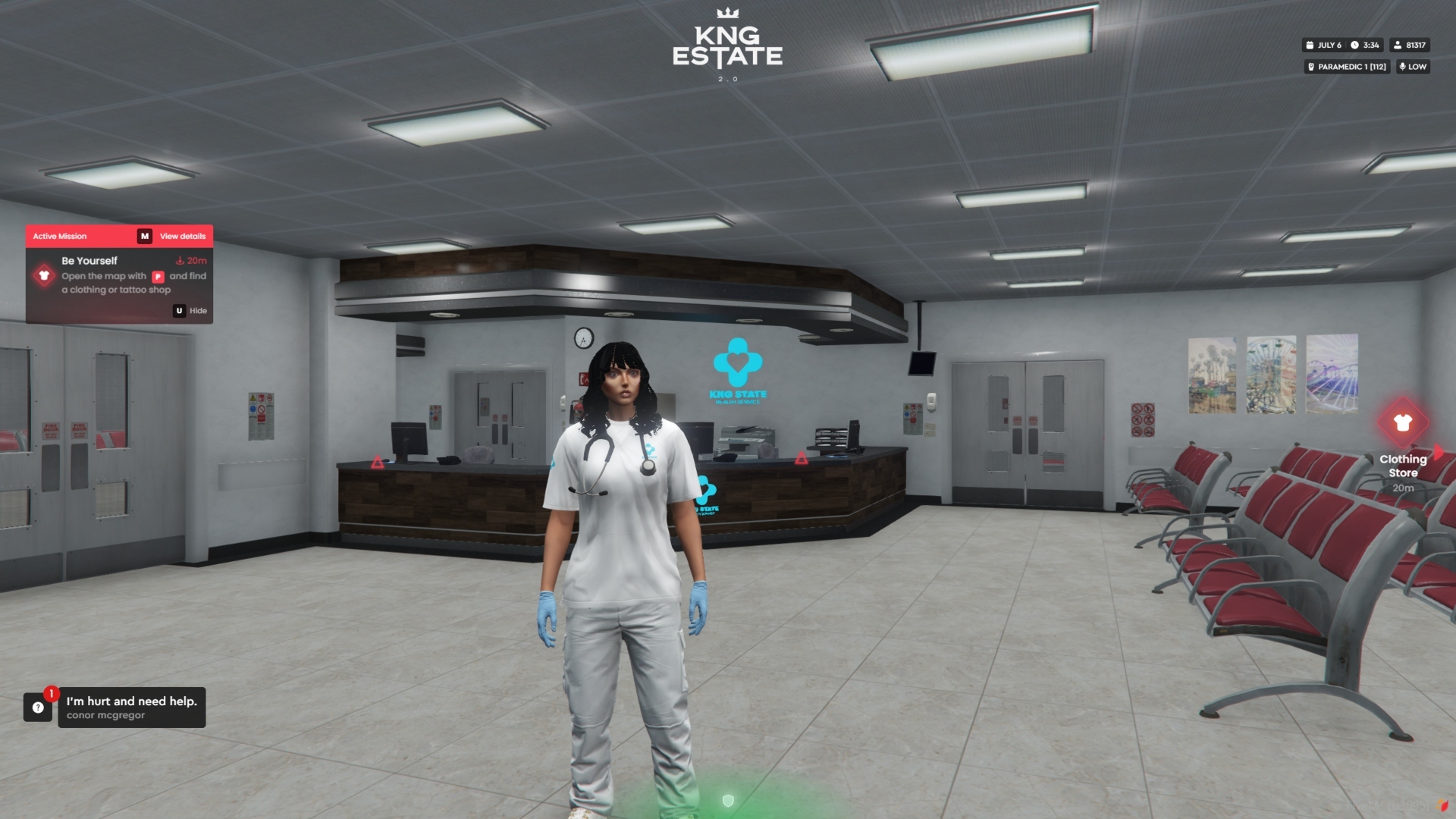 GTA RP screenshots from a modded version of GTA Online, showing a character in medical scrubs