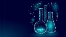 A wireframe graphic representing laboratory flasks