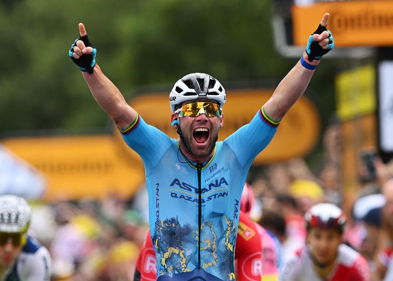 SAINT VULBAS, FRANCE - JULY 03: (EDITOR'S NOTE: Alternate crop) Mark Cavendish of The United Kingdom and Astana Qazaqstan Team celebrates at finish line as stage winner during the 111th Tour de France 2024, Stage 5 a 177.4km stage from Saint-Jean-de-Maurienne to Saint Vulbas / #UCIWT / on July 03, 2024 in Saint Vulbas, France. (Photo by Dario Belingheri/Getty Images)