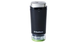 Handheld vacuum food sealer in a black and stainles steel design.