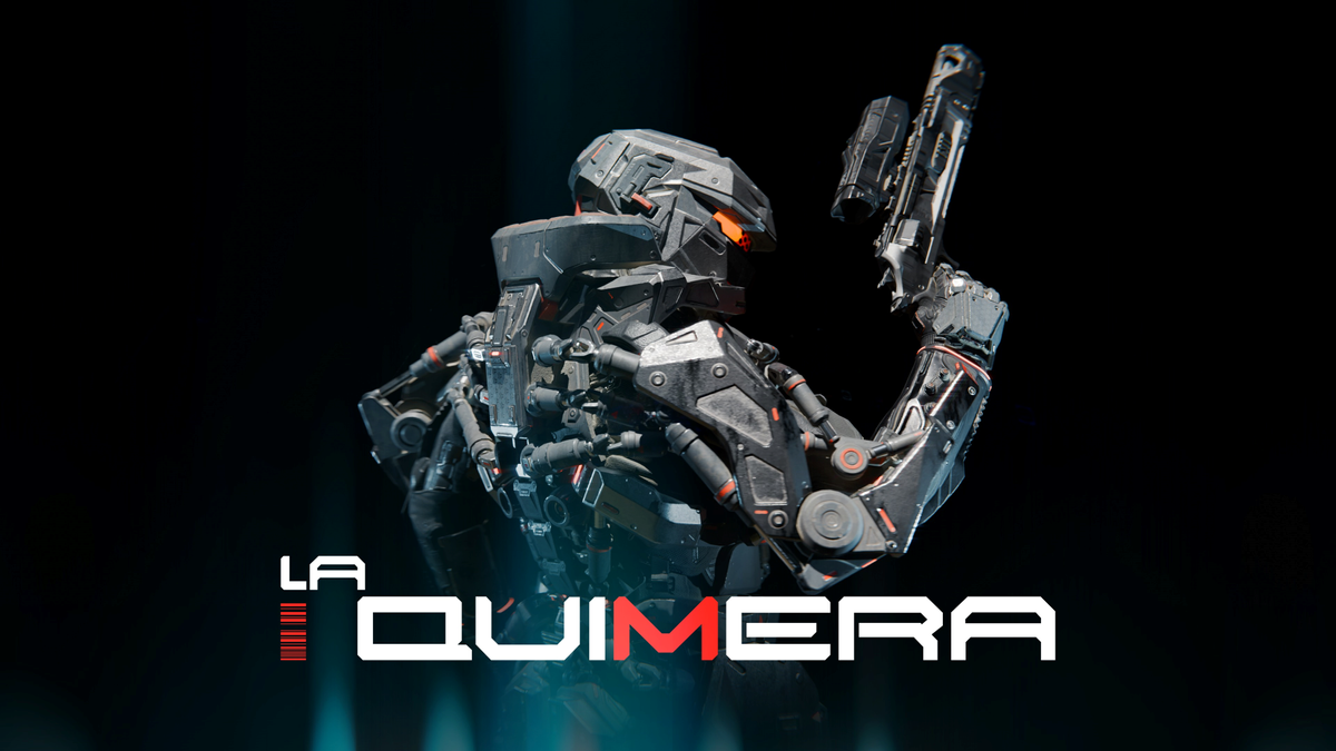 Key art for La Quimera, showing an exosuitted soldier posing in front of the game&#039;s logo