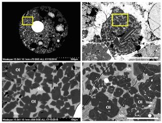 A comparison of a synthetic chondrule (left) made in the Wesleyan lab with a heating curve from the flyby model, with an actual chondrule (right) from the Semarkona meteorite. The crystal structure is quite similar, as shown in the enlargements (bottom row).