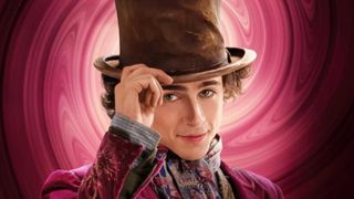 Timothée Chalamet taps his hat in a poster for Wonka, one of the best Max movies