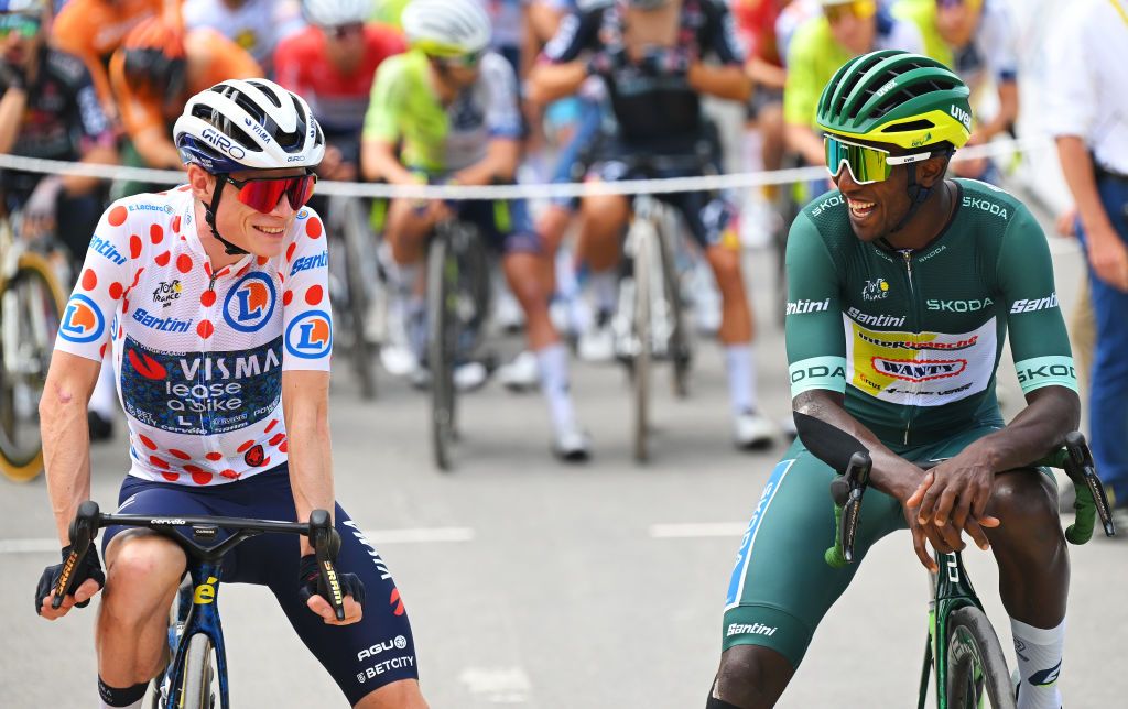 EMBRUN FRANCE JULY 19 LR Jonas Vingegaard Hansen of Denmark and Team Visma Lease a Bike Polka Dot Mountain Jersey and Biniam Girmay of Eritrea and Team Intermarche Wanty Green Sprint Jersey prior to the 111th Tour de France 2024 Stage 19 a 1446km stage from Embrun to Isola 2000 2022m UCIWT on July 19 2024 in Embrun France Photo by Tim de WaeleGetty Images