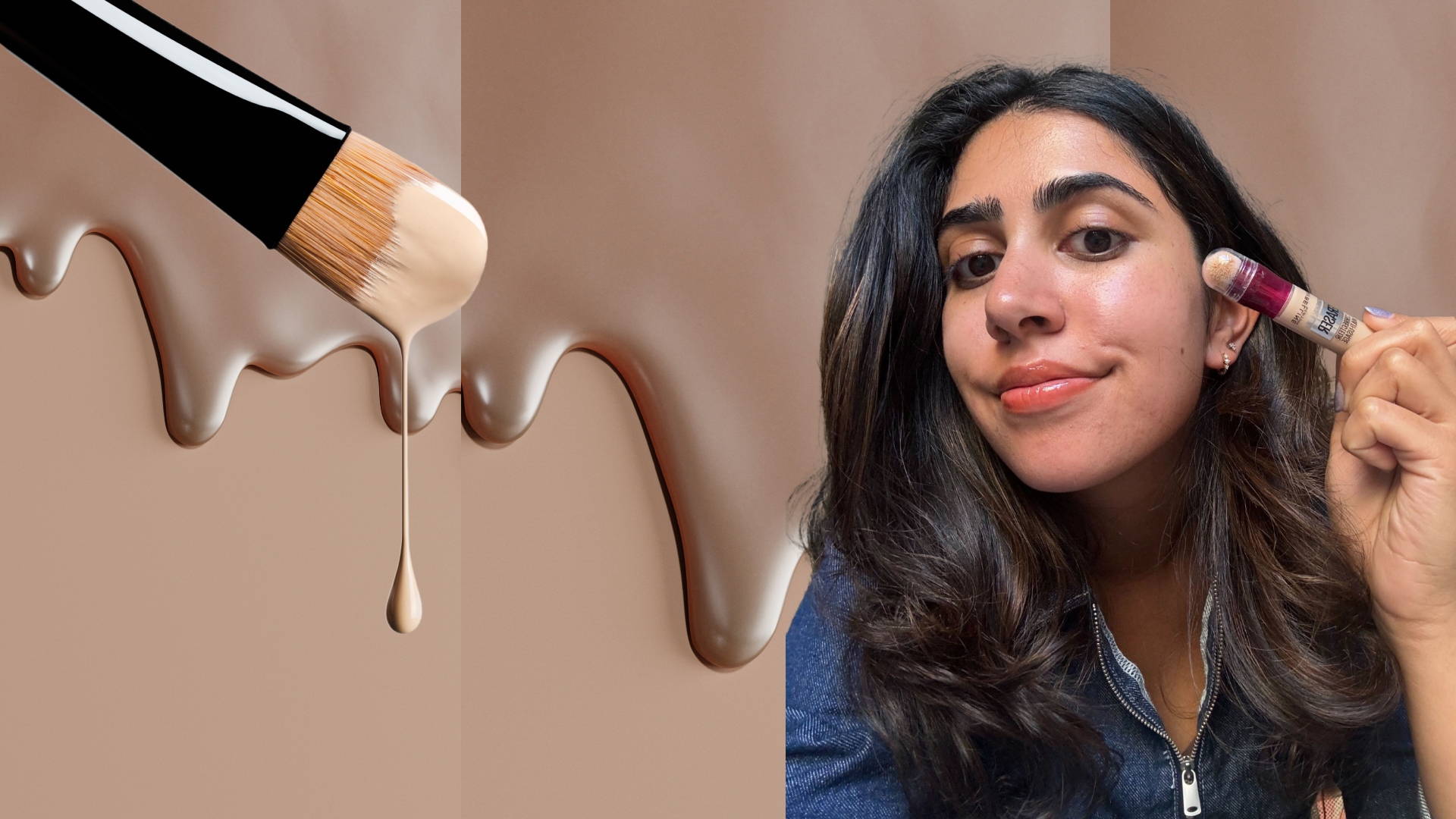 a tan background with concealer drips, with a close up of a woman with dark hair applying concealer, and a black makeup brush