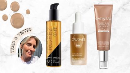 beauty editor charley williams howitt pictured with tanned skin, next to st tropez luxe body serum, caudalie face drops and gatineau face tan