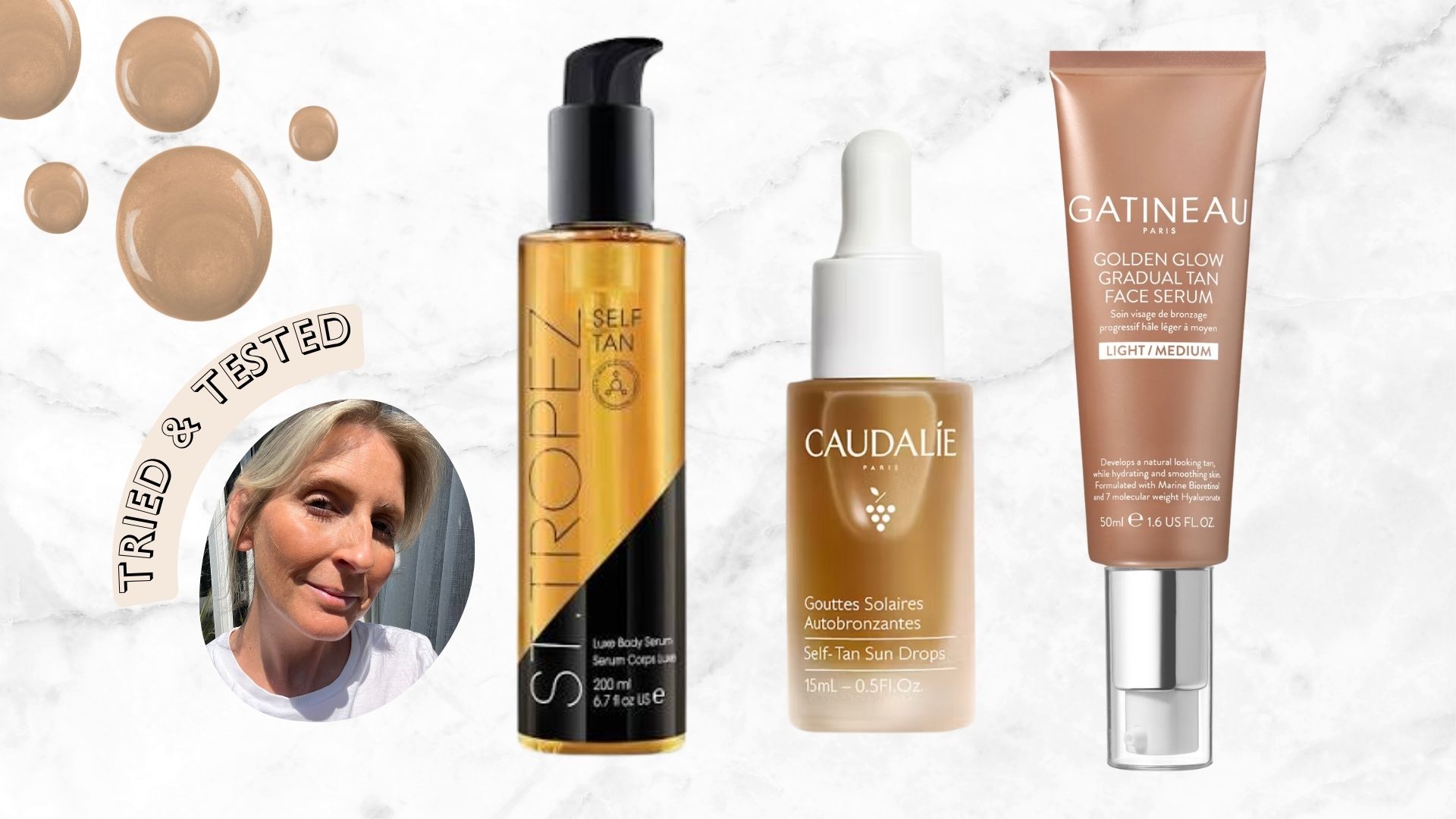 beauty editor charley williams howitt pictured with tanned skin, next to st tropez luxe body serum, caudalie face drops and gatineau face tan