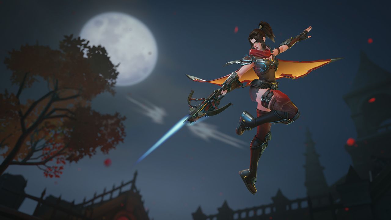 A warrior in futuristic armor leaps mid-air, wielding a glowing crossbow against a full moon backdrop.