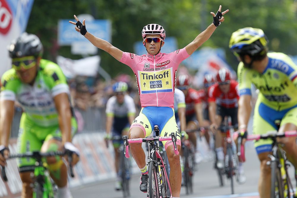Alberto Contador crosses the finish line to win the 2015 Giro.