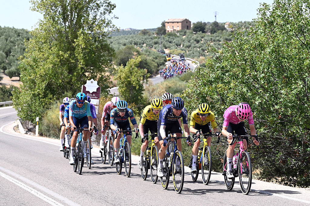 SIERRA DE LA PANDERA, SPAIN - SEPTEMBER 05: (L-R) Jorgen Nordhagen of Norway and Team Visma | Lease a Bike, David De La Cruz of Spain and Team Pinarello - Q36.5 Pro Cycling, Steven Kruijswijk of Netherlands and Team Visma | Lease a Bike and Georg Steinhauser of Germany and Team EF Education - EasyPost attack during the La Vuelta - 81st Tour of Spain 2026, Stage 14 a 154.5km stage from Jaen to Sierra de la Pandera 1816m / #UCIWT / on September 05, 2026 in Sierra de la Pandera, Spain. (Photo by Tim de Waele/Getty Images)