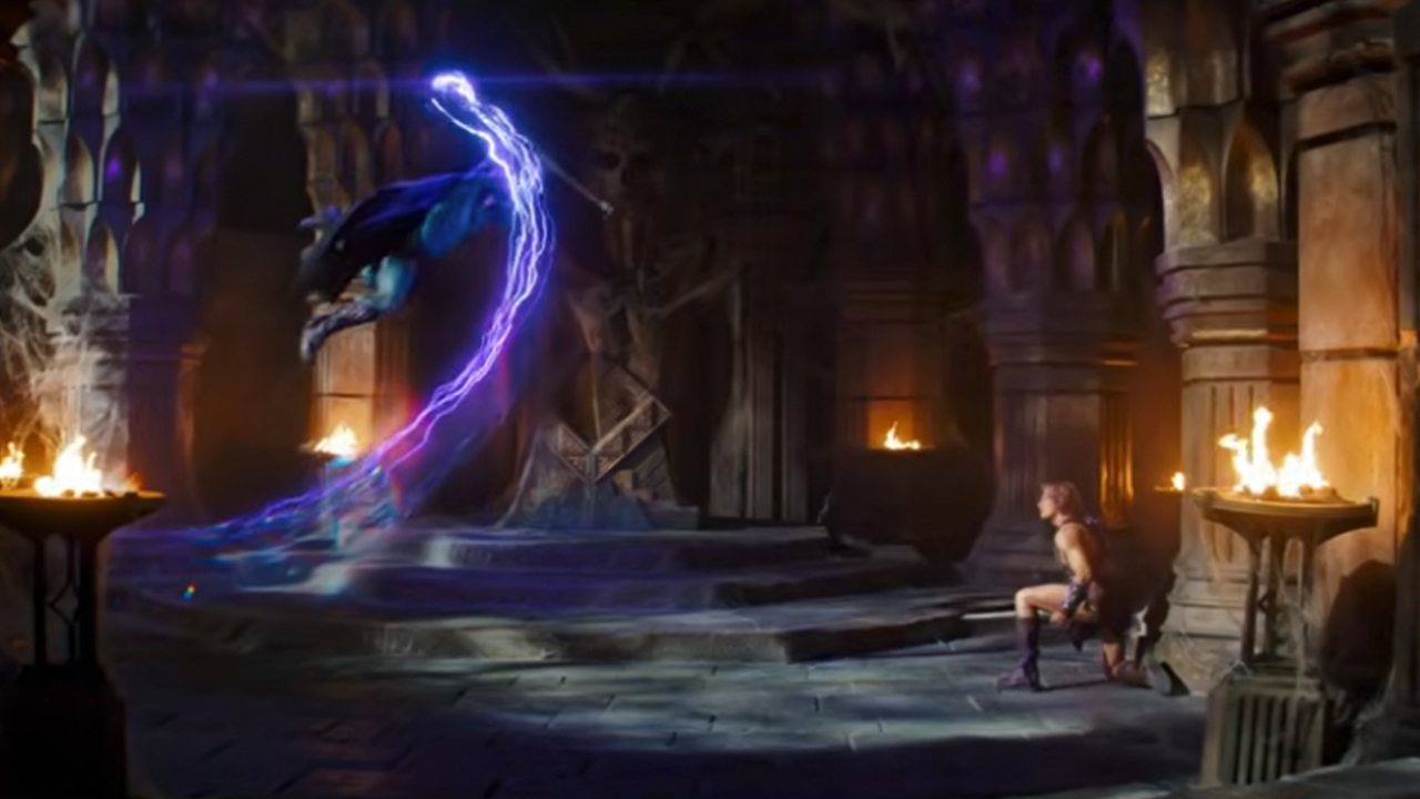Skeletor jumping up with lightning coming down towards He Man in Masters of the Universe