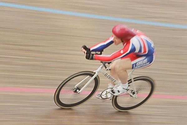 Graeme Obree in superman bike position on track at Hamar (Jonny Lee Miller)