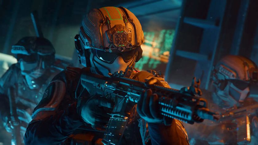 Black Ops 7 weapon prestige attachments and weekly challenges: A group of soldiers sneaking through a dark corridor with weapons at the ready.