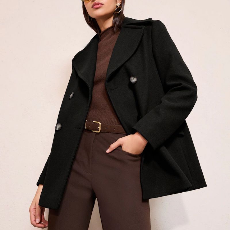 Friends Like These Black Mid Length Double Breasted Peacoat on model