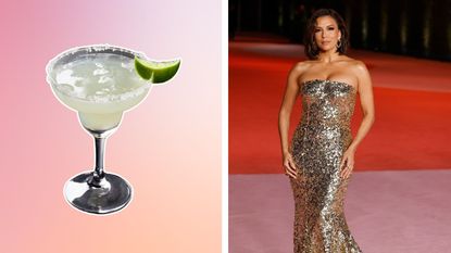 Eva Longoria in a gold strapless gown on a red and pink carpet next to a picture of a margarita on a pink gradient