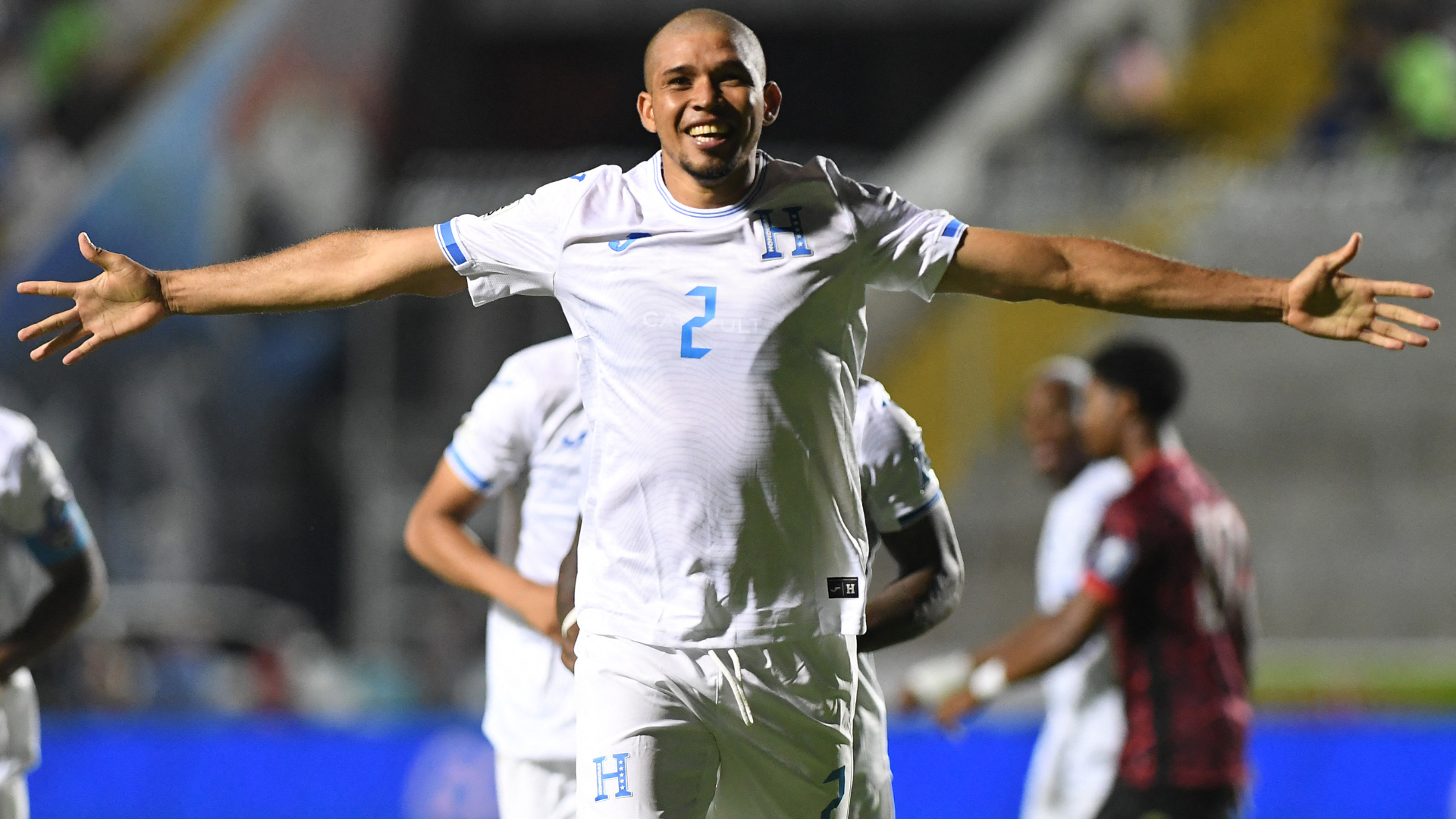 Honduras&#039; defender #02 Getsel Montes celebrates after scoring a goal during the 2026 FIFA World Cup Concacaf qualifier football match between Honduras and Antigua and Barbuda at the Chelato Ucles National stadium in Tegucigalpa on June 10, 2025.