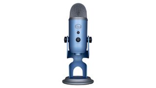 Front-on image of a Blue Yeti microphone in blue