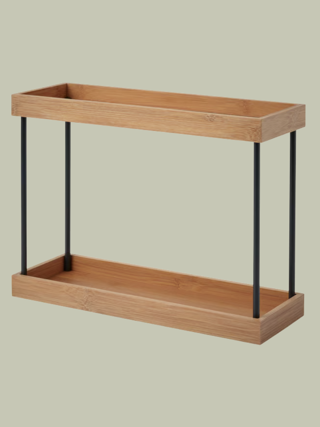A two-tiered wooden kitchen countertop organizer from IKEA