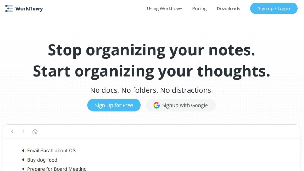 WorkFlowy website screenshot (January 2026).
