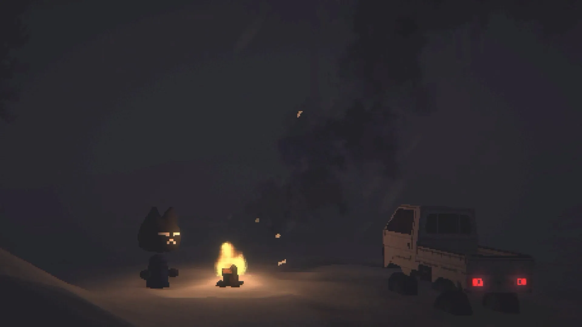 The Easy Deliver Co. player character sitting next to a fire at night, with their kei truck nearby.