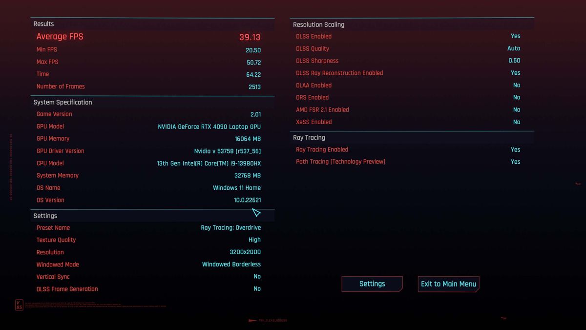 Lenovo Legion 9i (Gen 8) Cyberpunk 2077 benchmark with Path Tracing and Ray Reconstruction.