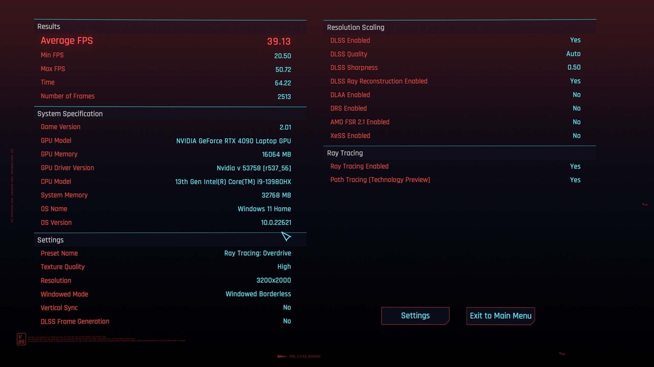 Lenovo Legion 9i (Gen 8) Cyberpunk 2077 benchmark with Path Tracing and Ray Reconstruction.