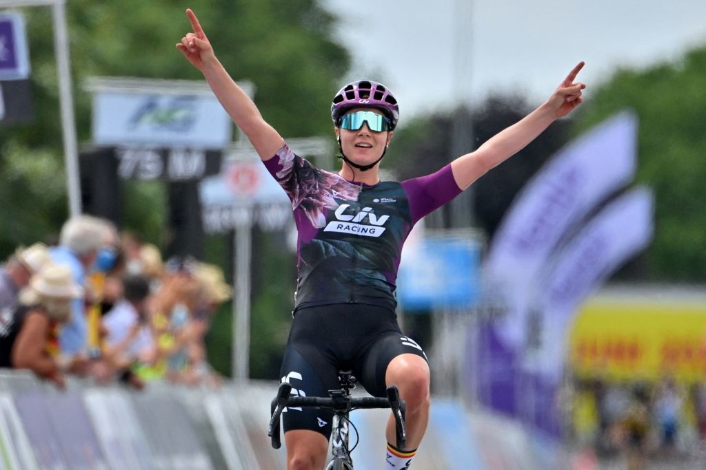 Lotte Kopecky celebrates after winning the womens elite race at the Belgian cycling championships a 1224km race in Waregem on June 20 2021 Belgium OUT Photo by DAVID STOCKMAN BELGA AFP Belgium OUT Photo by DAVID STOCKMANBELGAAFP via Getty Images