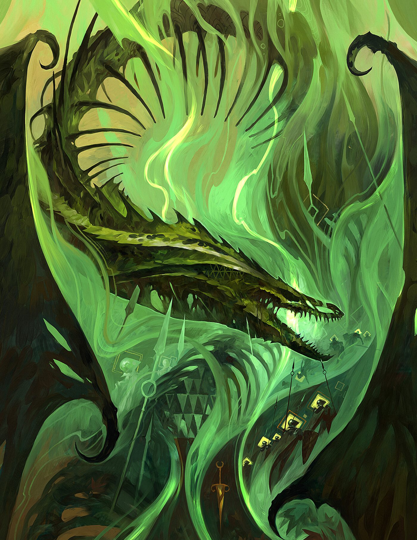 Ario of art work that shows the dragon showing dragons in the advent of D & D's, Delve Delve.