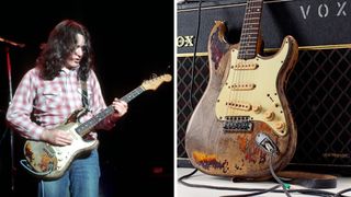 Rory Gallagher playing his &#039;61 Fender Strat on stage (left), A 1961 Fender Stratocaster electric guitar, Vox AC30 amplifier, and Rangemaster treble booster owned by the late Irish musician Rory Gallagher