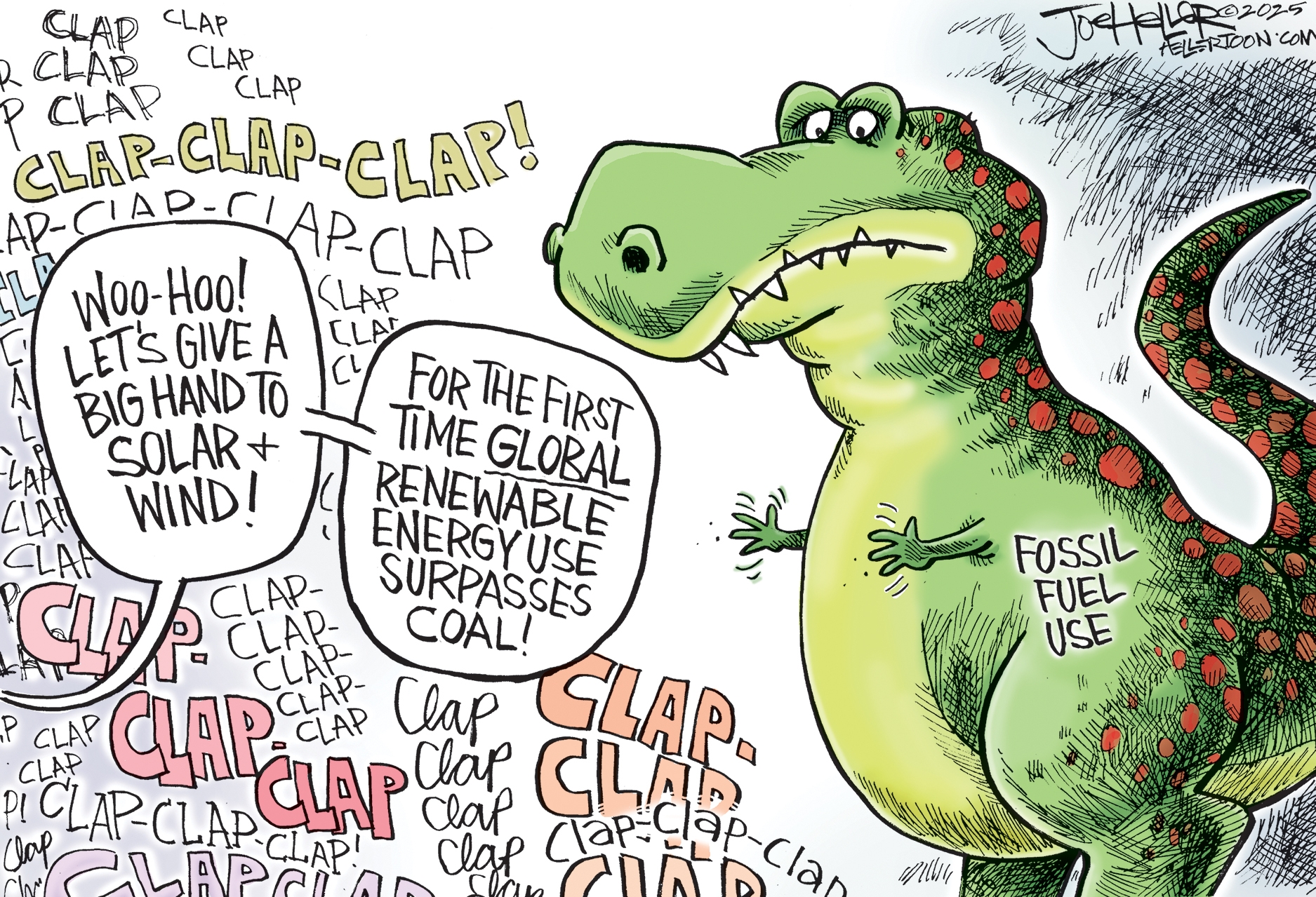 This cartoon shows a T-Rex dinosaur on the right side of the image that is labeled &amp;ldquo;Fossil Fuel use&amp;rdquo; next to its little hands that are trying to applaud. The left side of the image is filled with the words &amp;ldquo;CLAP&amp;rdquo; to represent applause. Voices in the crowd say, &amp;ldquo;Woo-hoo! Let&amp;rsquo;s give a big hand to solar and wind! For the first time, global renewable energy use surpasses coal!&amp;rdquo;
