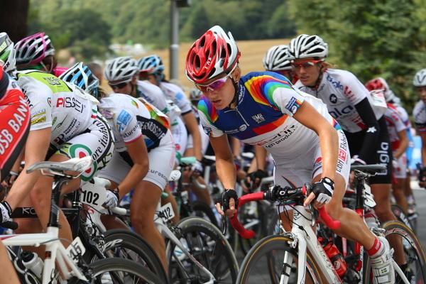 World Cup leader, Emma Johansson (Red Sun Cycling), in the World Cup leader's jersey.