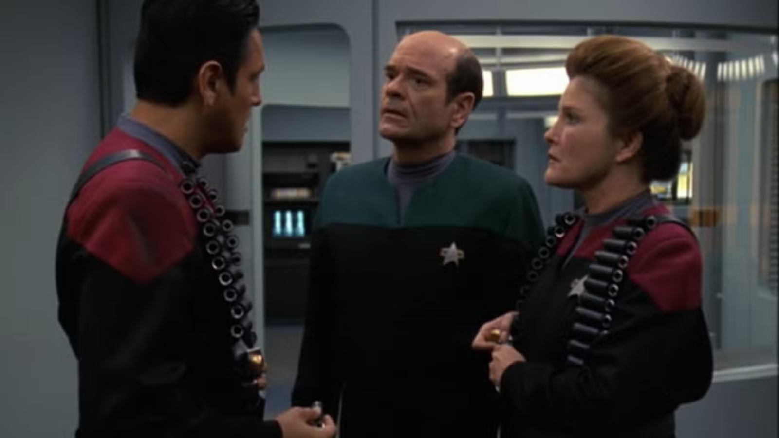 Chakotay, Captain Janeway, and the Doctor in Star Trek: Voyager.