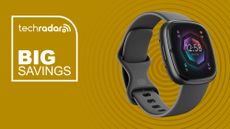 The Fitbit Sense 2 on an orange background with Big Savings text next to it.