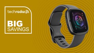 The Fitbit Sense 2 on an orange background with Big Savings text next to it.